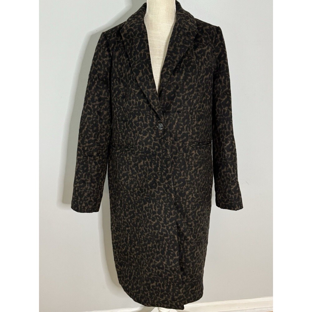 TAHARI Women's Brown Leopard Print Coat Size Large Wool Blend Mob Wife Trendy